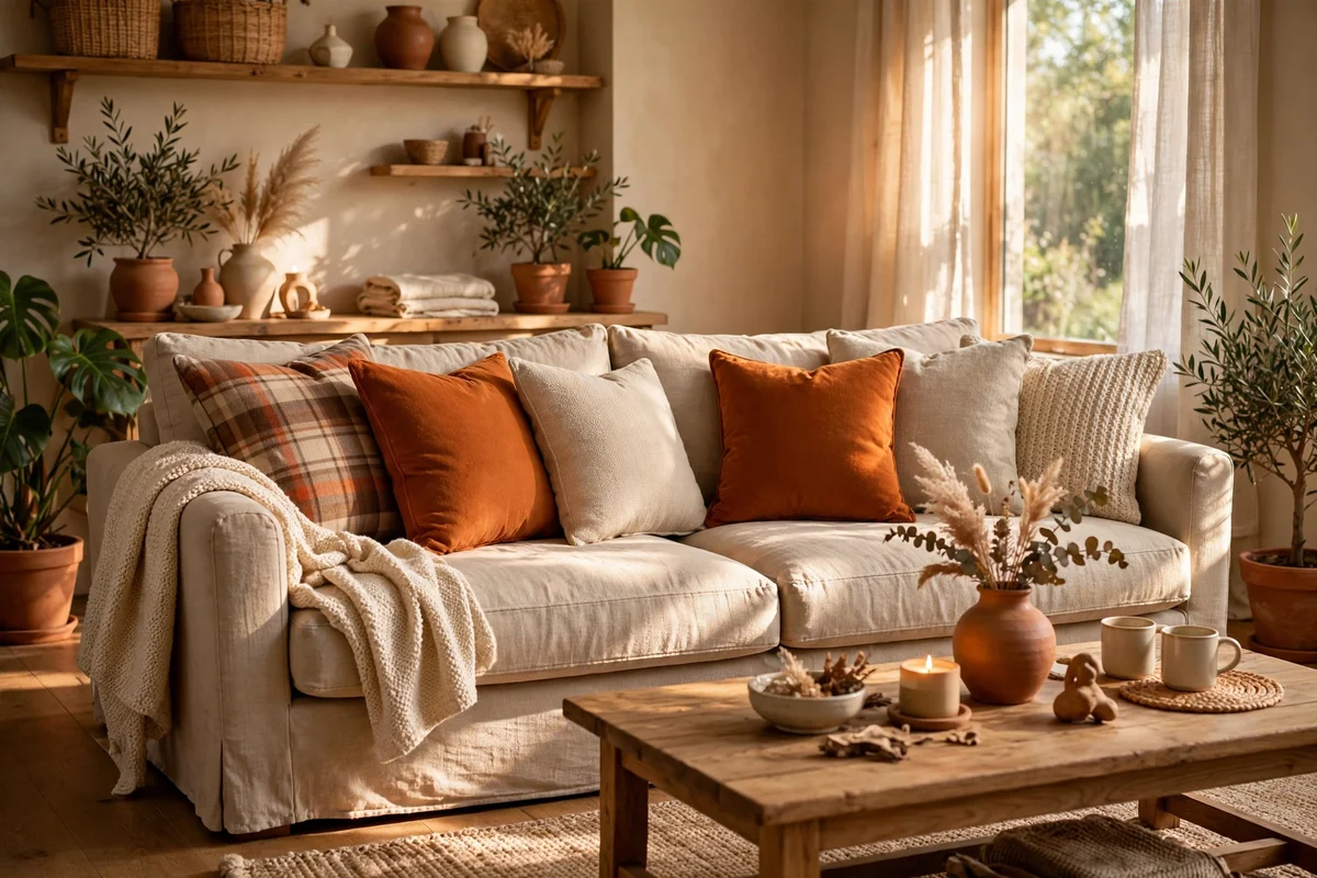 Sofa with plaid and burnt orange cushion covers