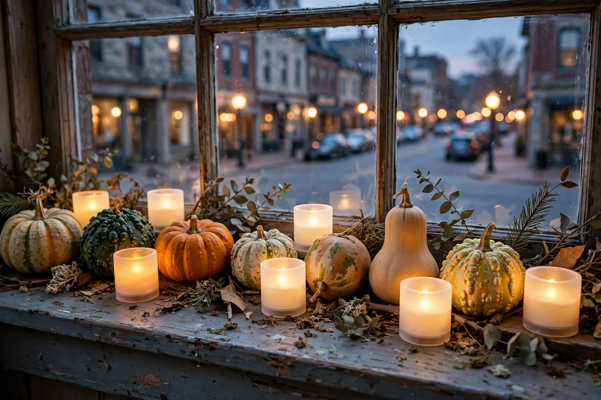 Window sill lined with gourds and flameless tealights