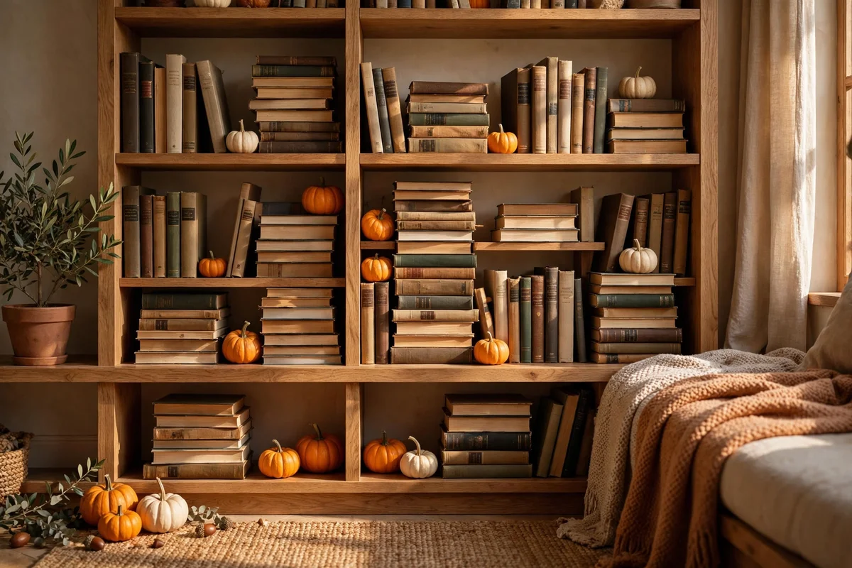 Mini pumpkins tucked between books on open shelves