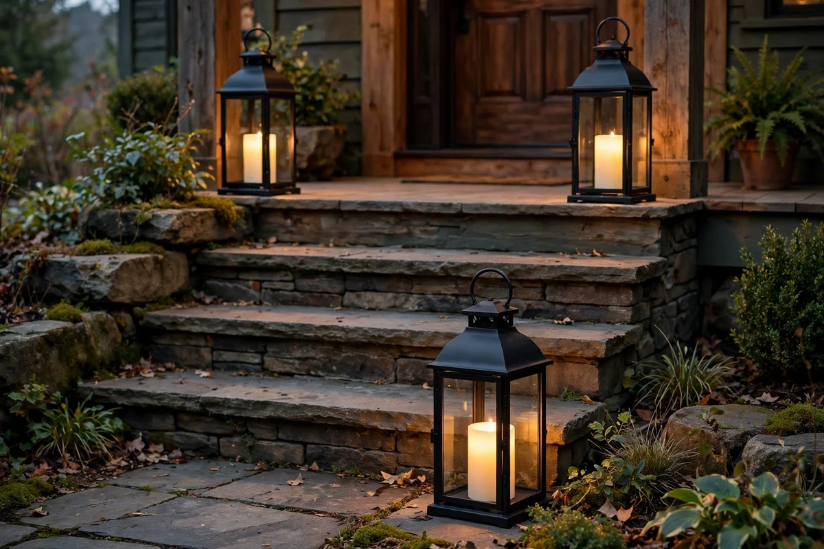 Trio of black lanterns flanking porch steps