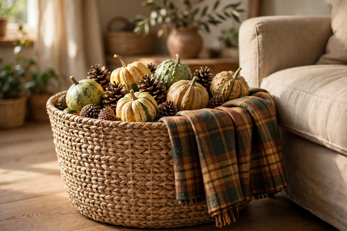 Woven basket of pinecones, gourds and a folded plaid throw