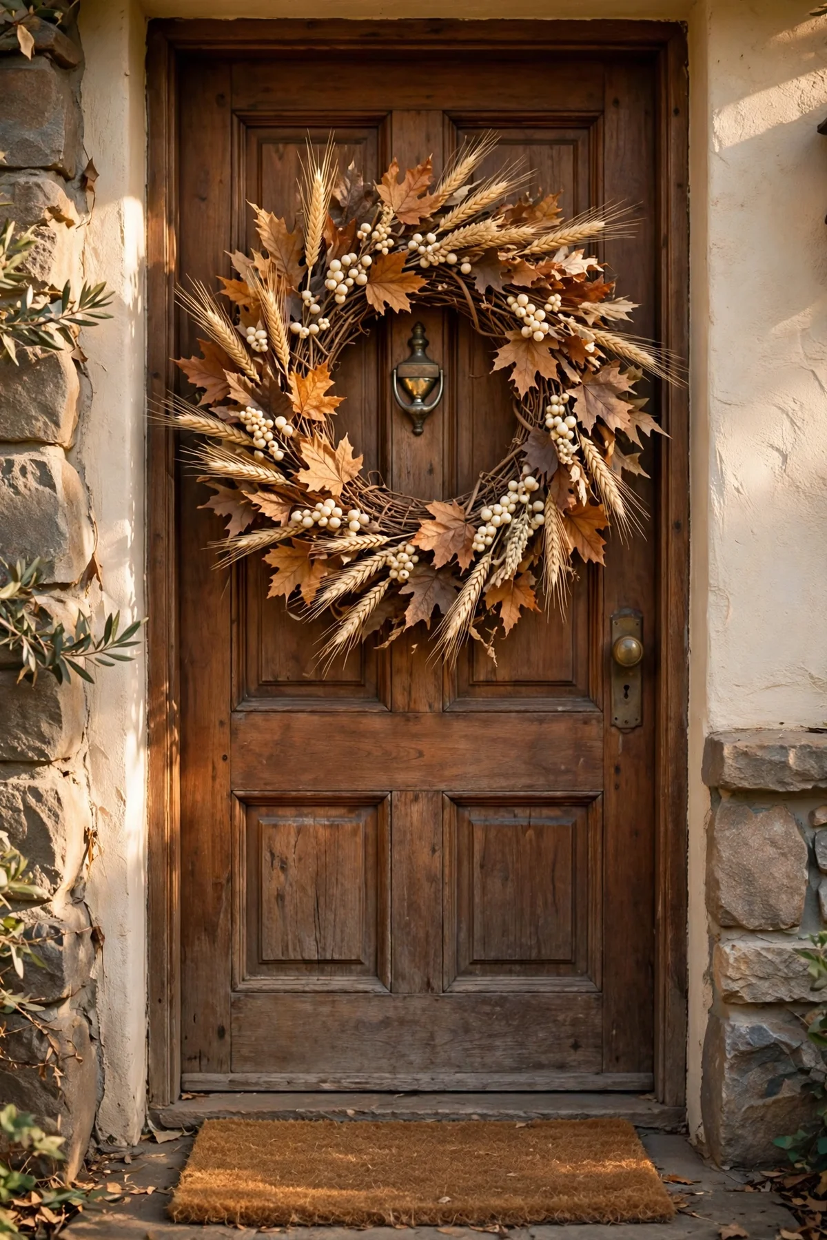 Dried leaf and wheat wreath hanging on a front door