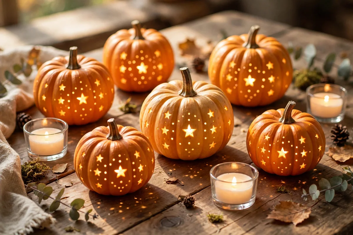 Mini pumpkins with star and dot cut-outs glowing around tealights