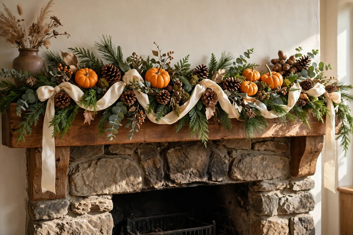 Mantel garland woven with pinecones and cream ribbon
