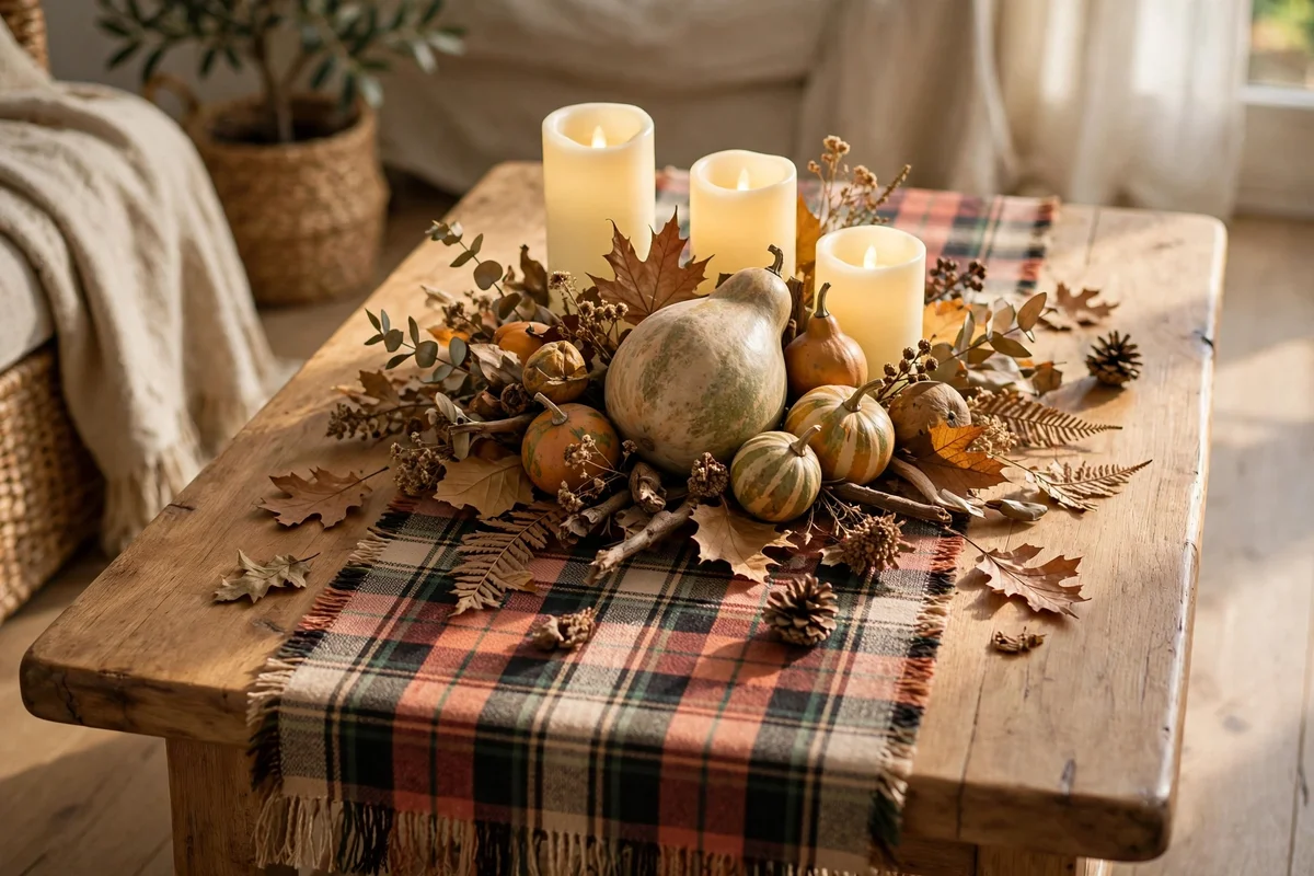 Plaid runner on a coffee table beneath a gourd centrepiece