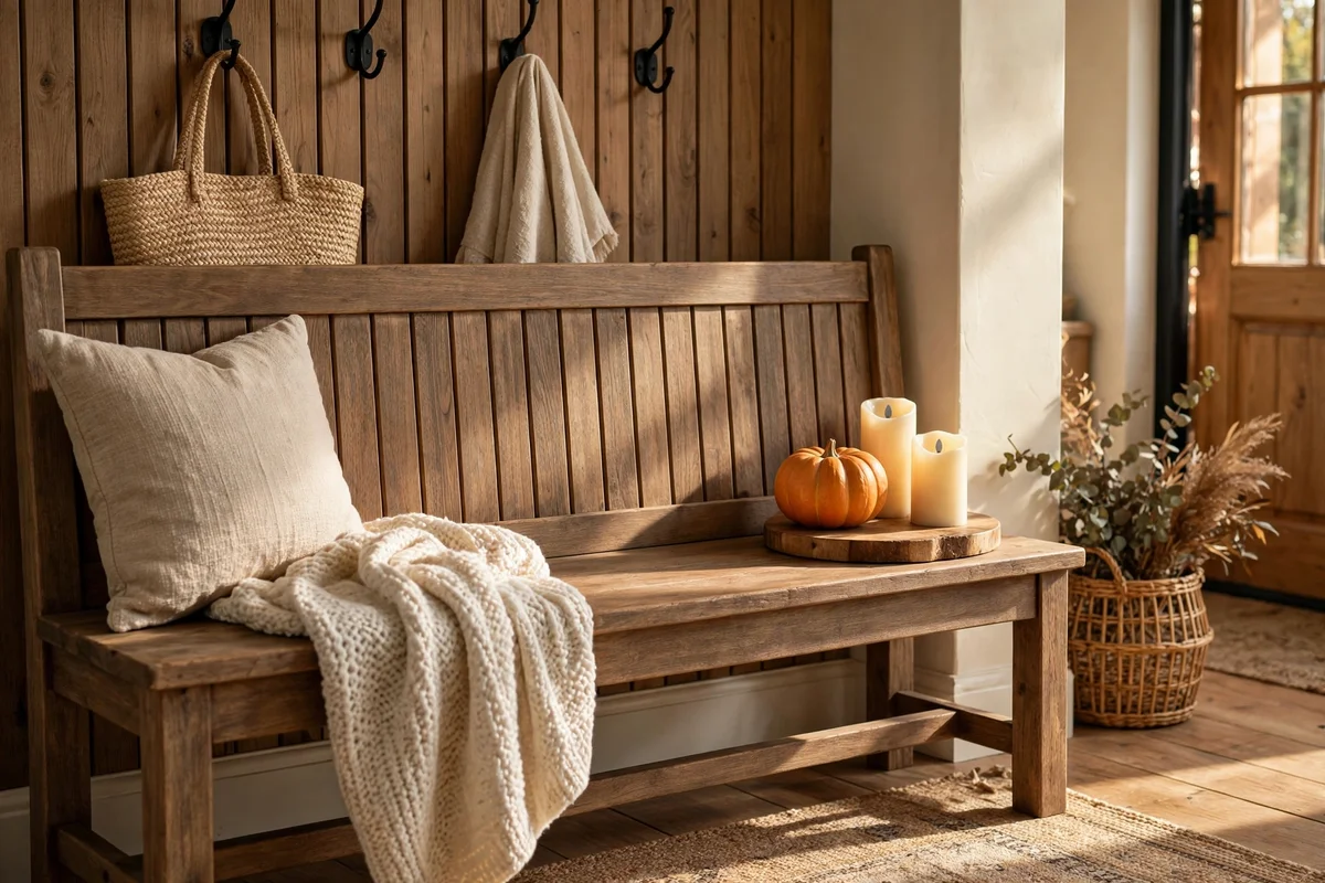 Pumpkin and candle welcome vignette on an entry bench