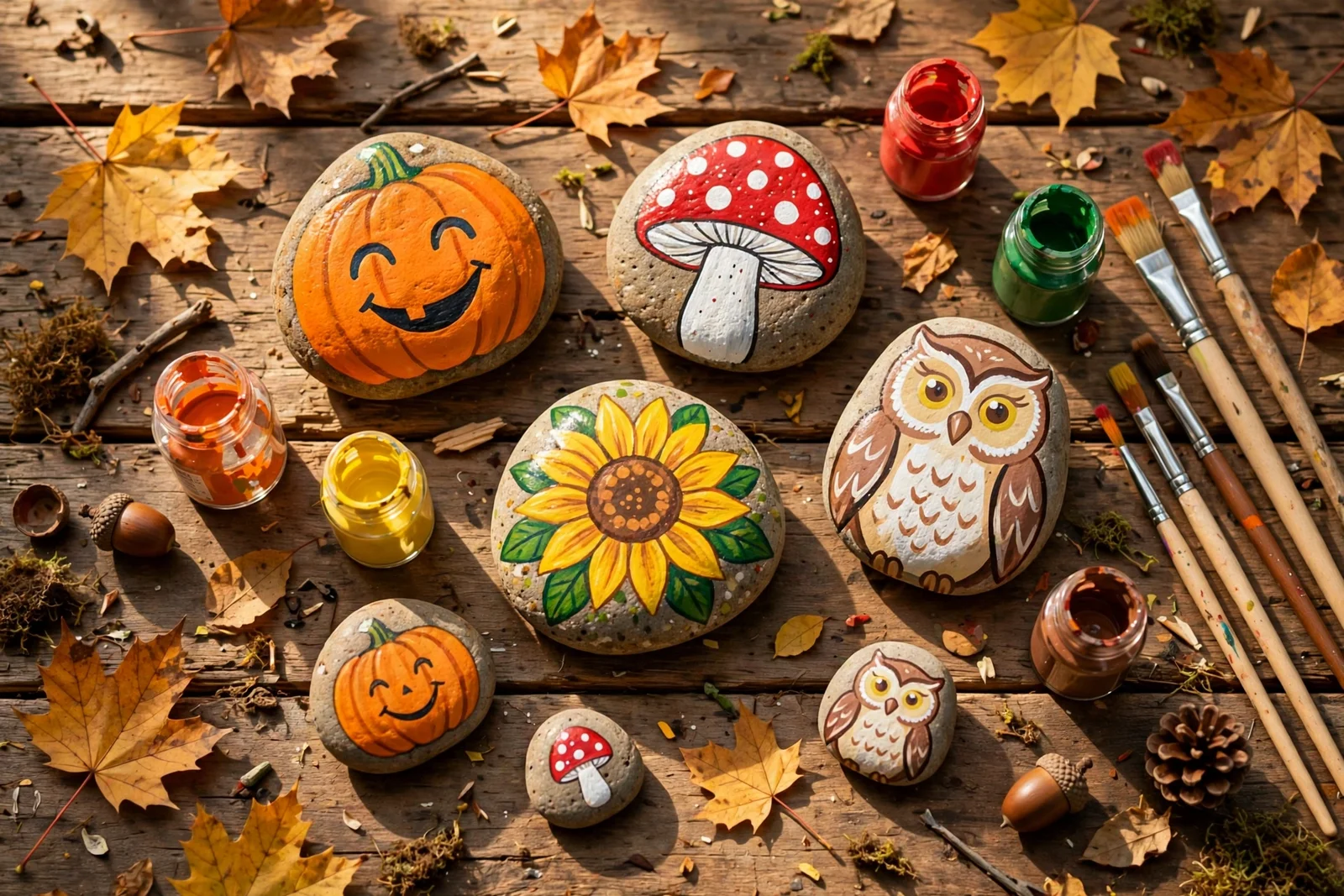 Painted Halloween rocks with pumpkins, mushrooms, sunflowers and owls on a rustic wooden table