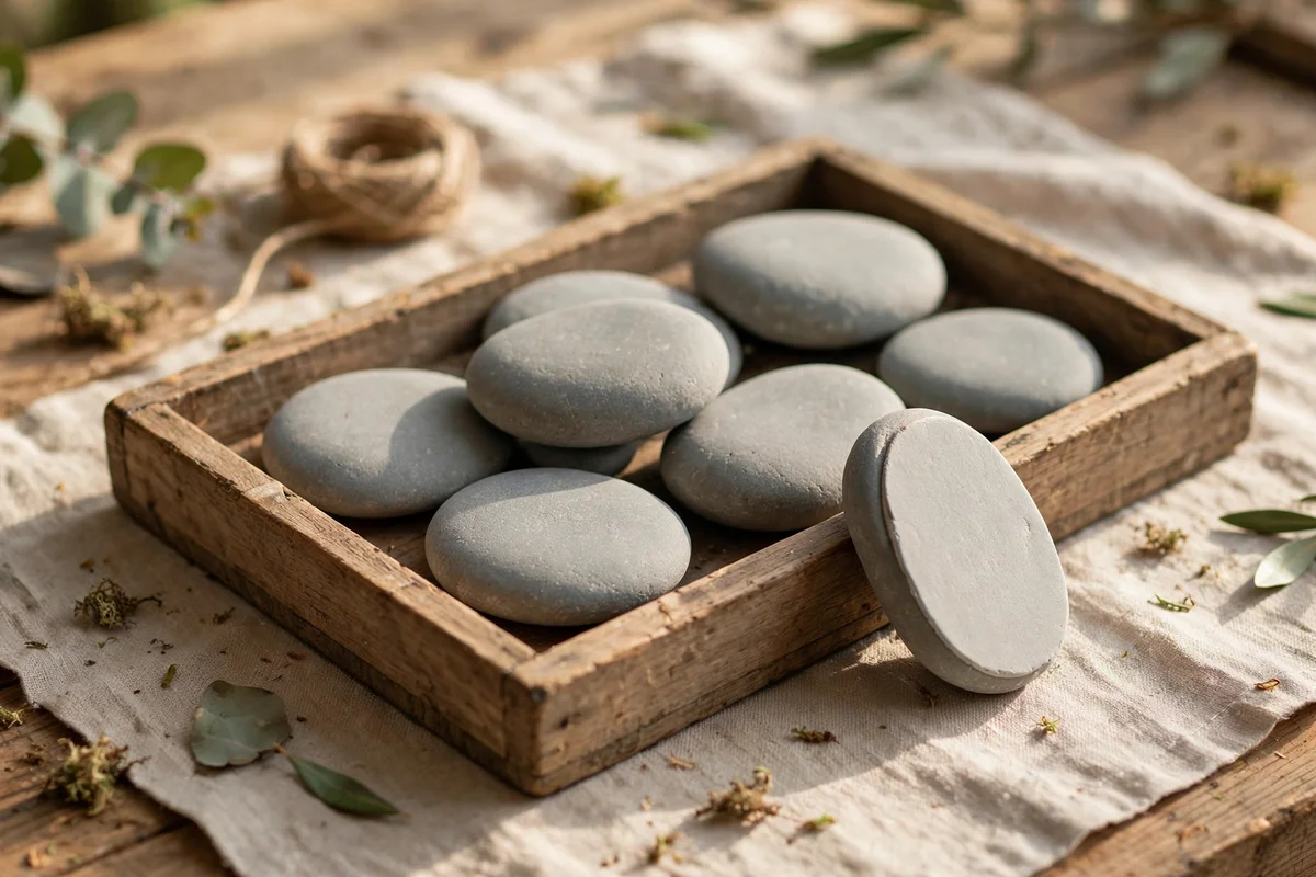 Tray of smooth palm-sized grey river stones ready for painting