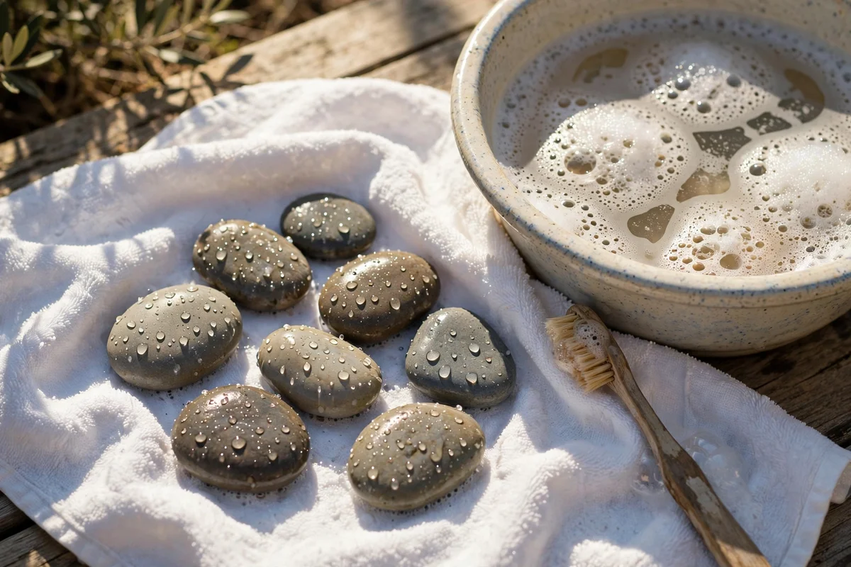 Washed stones drying on a towel beside soapy water and a brush