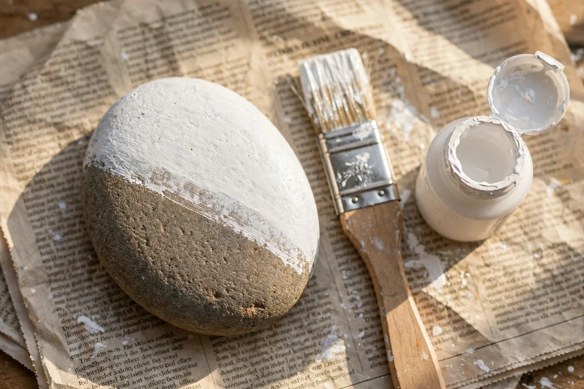 Stone half covered in white acrylic base coat with paint and brush