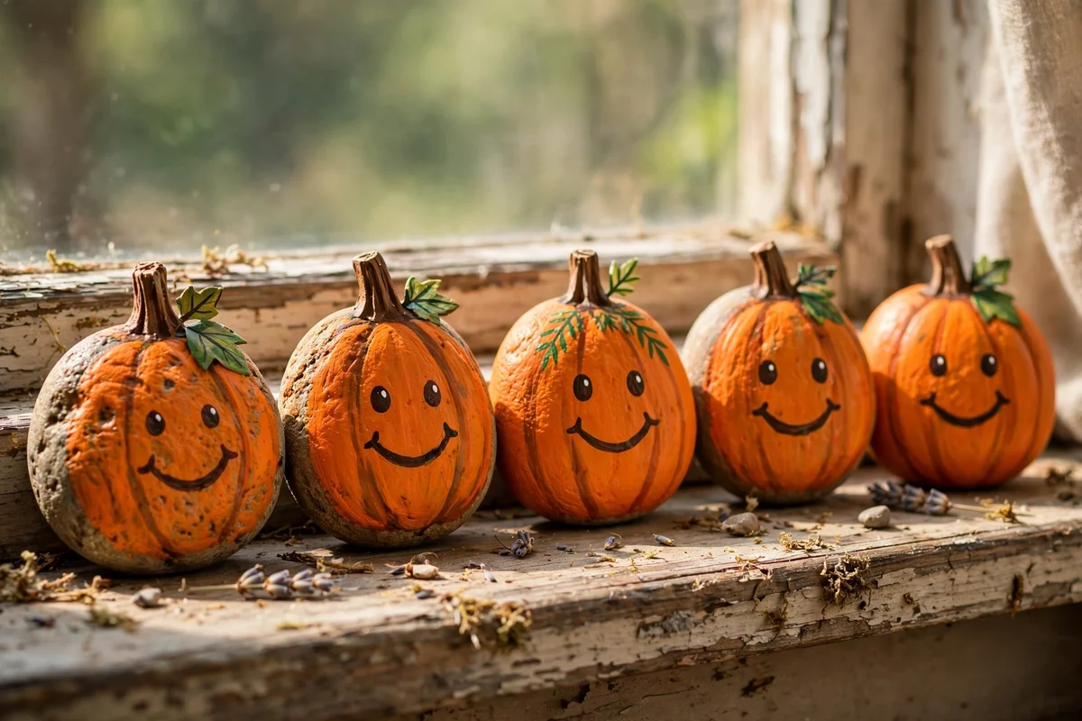 Five smiling orange pumpkin stones lined on a windowsill