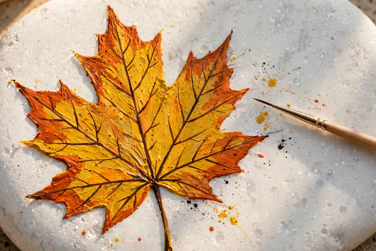 Painted maple leaf stone with fine brown vein lines