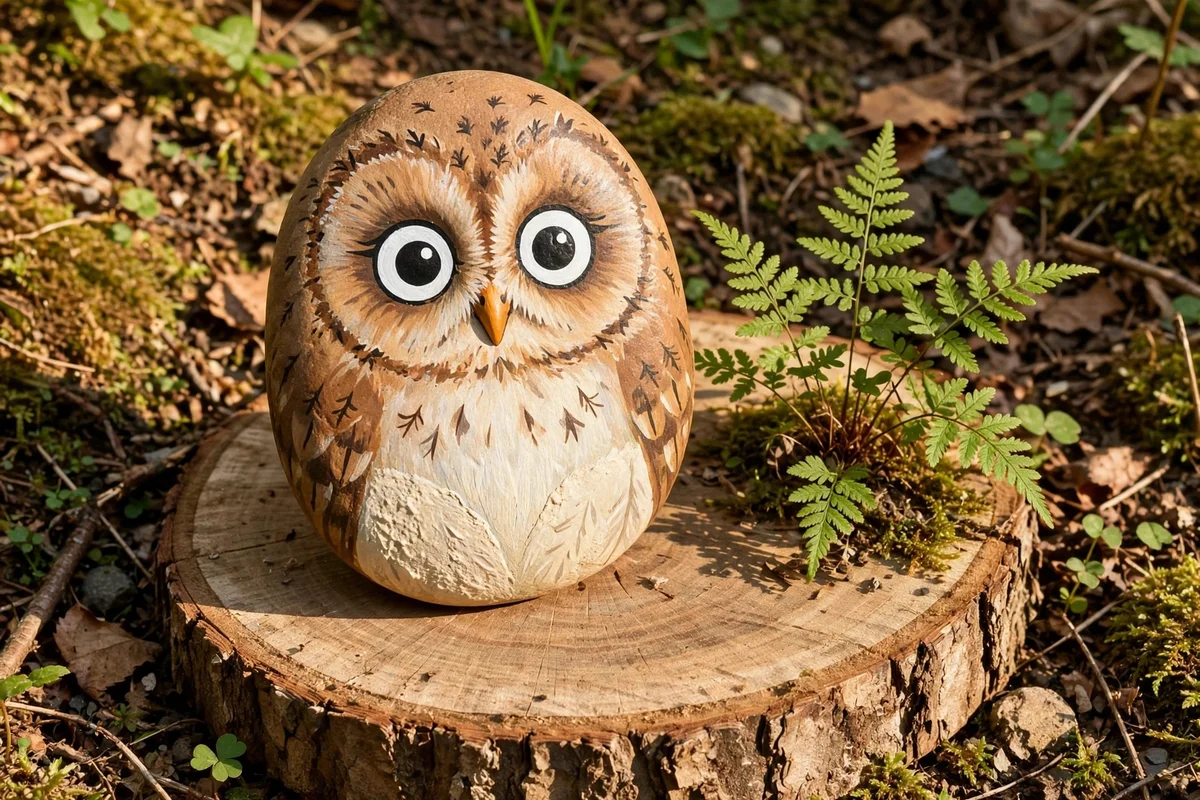 Tawny owl painted stone with big round eyes on a log slice