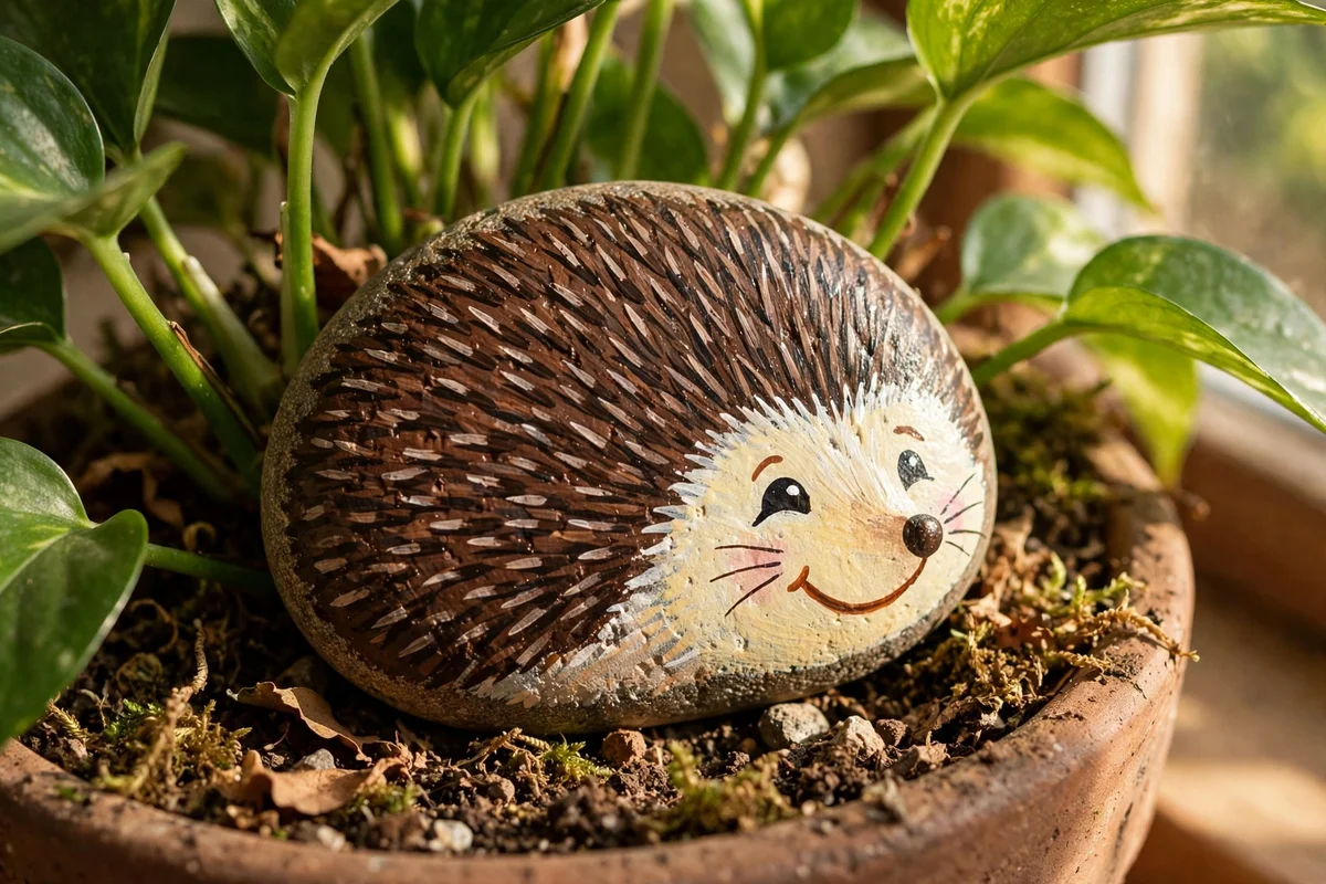 Cheerful hedgehog painted stone at the base of a houseplant