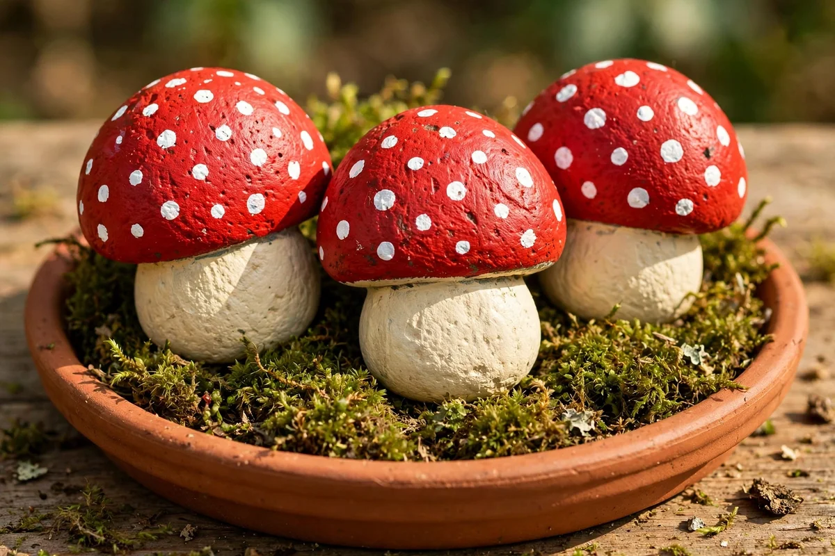 Red mushroom stones with white dots in a mossy terracotta saucer
