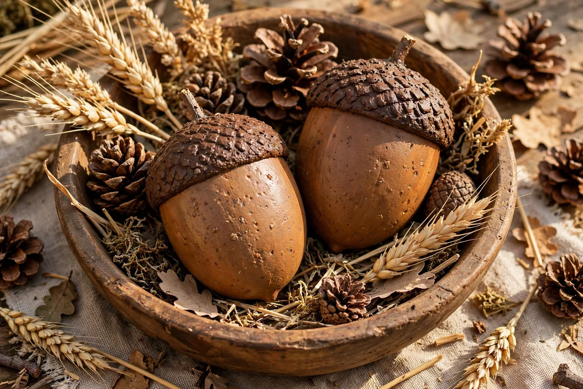 Painted acorn stones in a wooden bowl with pinecones and wheat