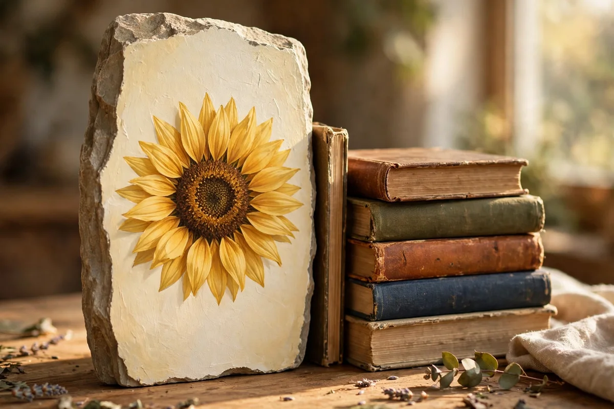 Tall stone painted with a golden sunflower standing by books