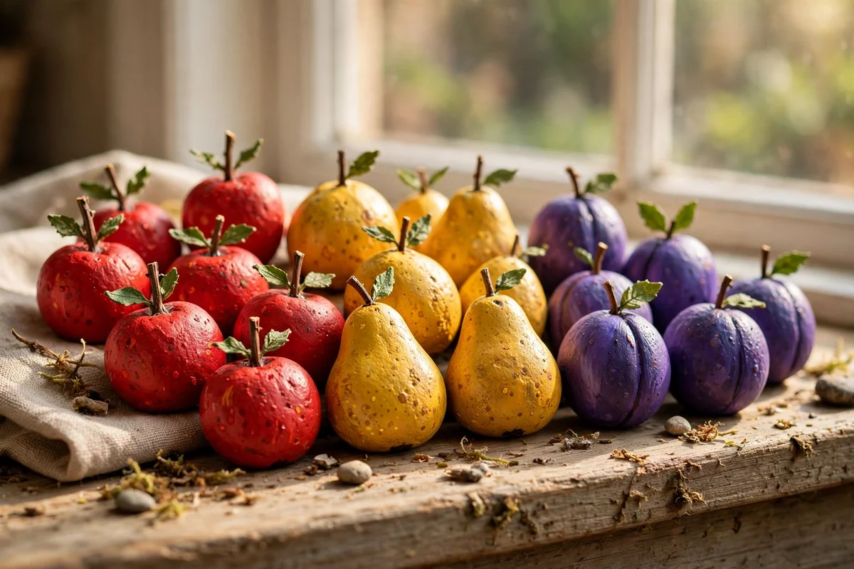 Painted apple, pear and plum stones along a kitchen window ledge