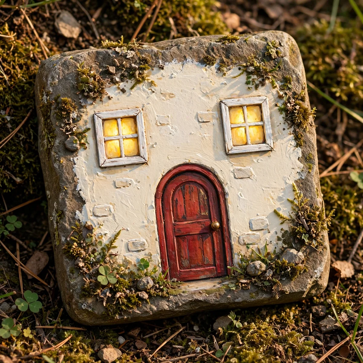 Square stone painted as a cosy cottage with red door and lit windows