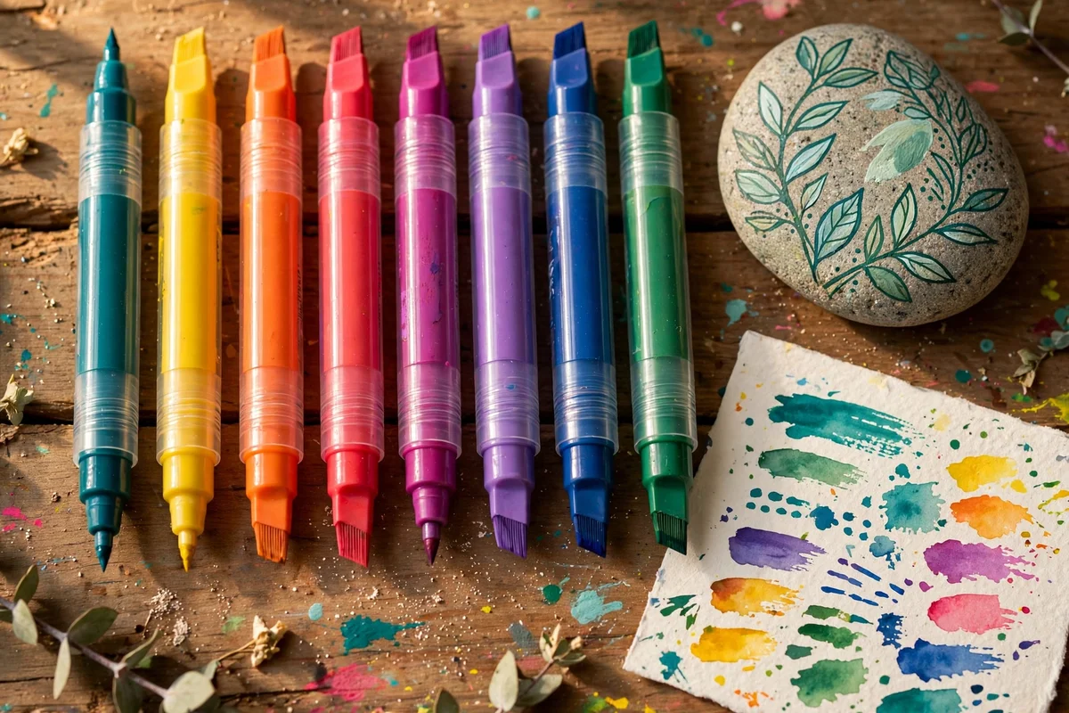 Acrylic paint pen set beside a stone with painted outlines