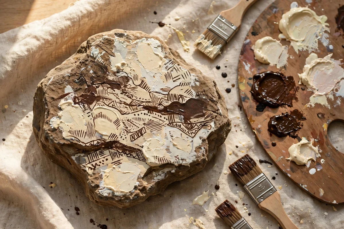 Stone with layered paint stages, dark details over pale base shapes