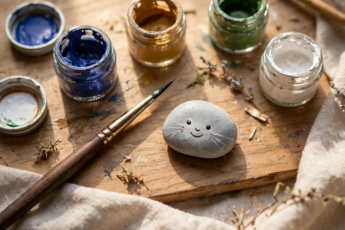 Fine liner detail brush beside a stone with tiny painted whiskers