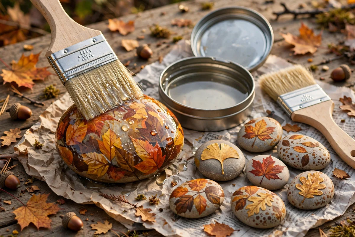 Clear varnish being brushed onto a painted autumn stone