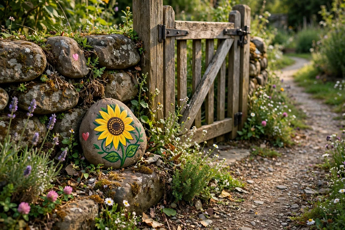 Painted sunflower stone tucked by a garden gate on a stone wall