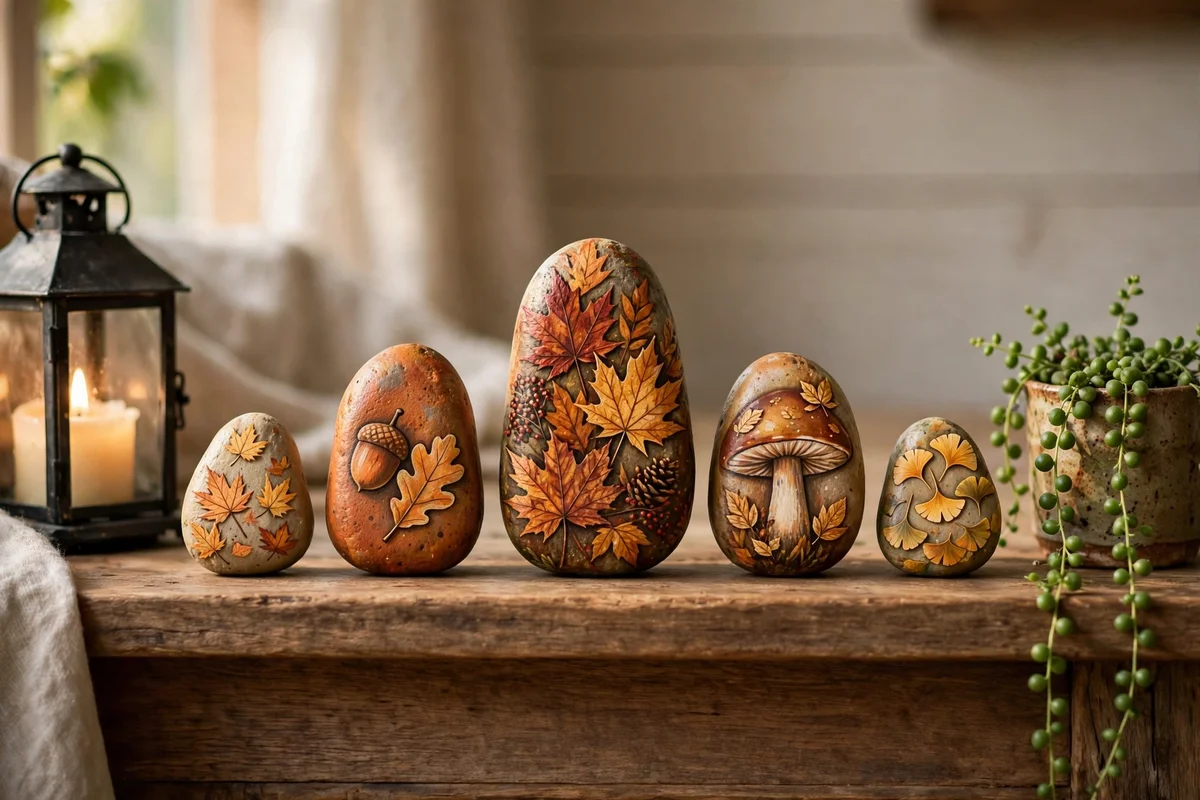 Painted autumn rocks arranged in a row on a wooden mantel