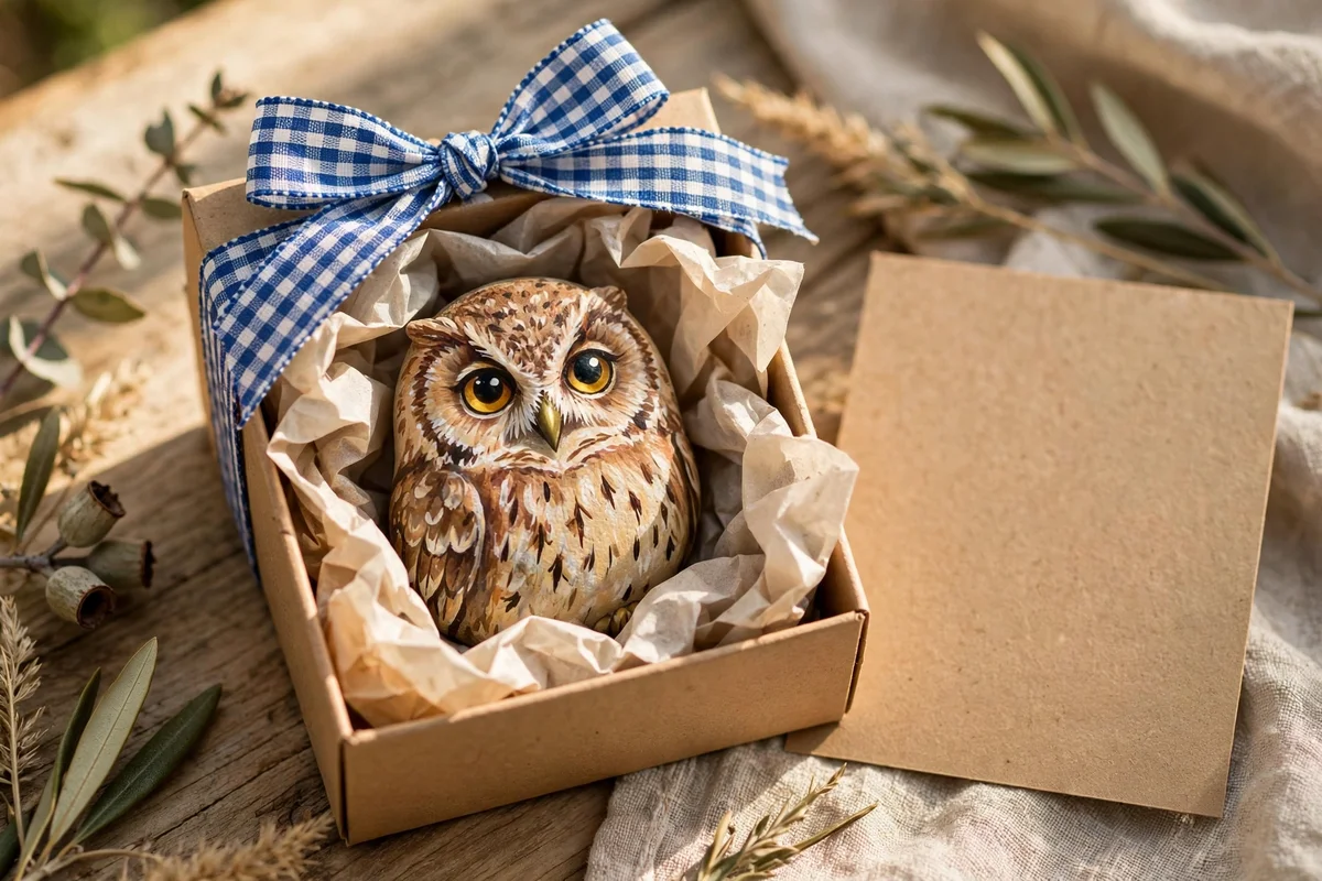 Painted owl stone gift wrapped in a kraft box with ribbon