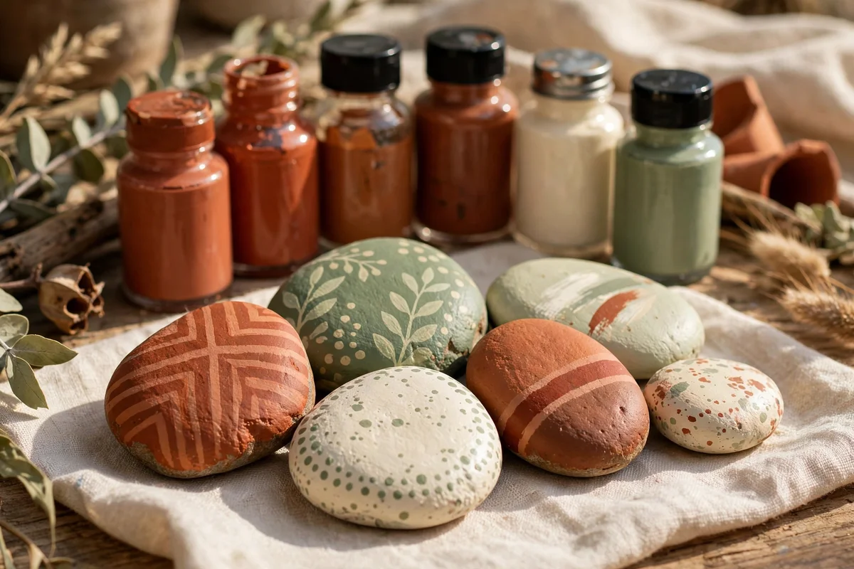 Painted stones in terracotta, cream and sage autumn palette