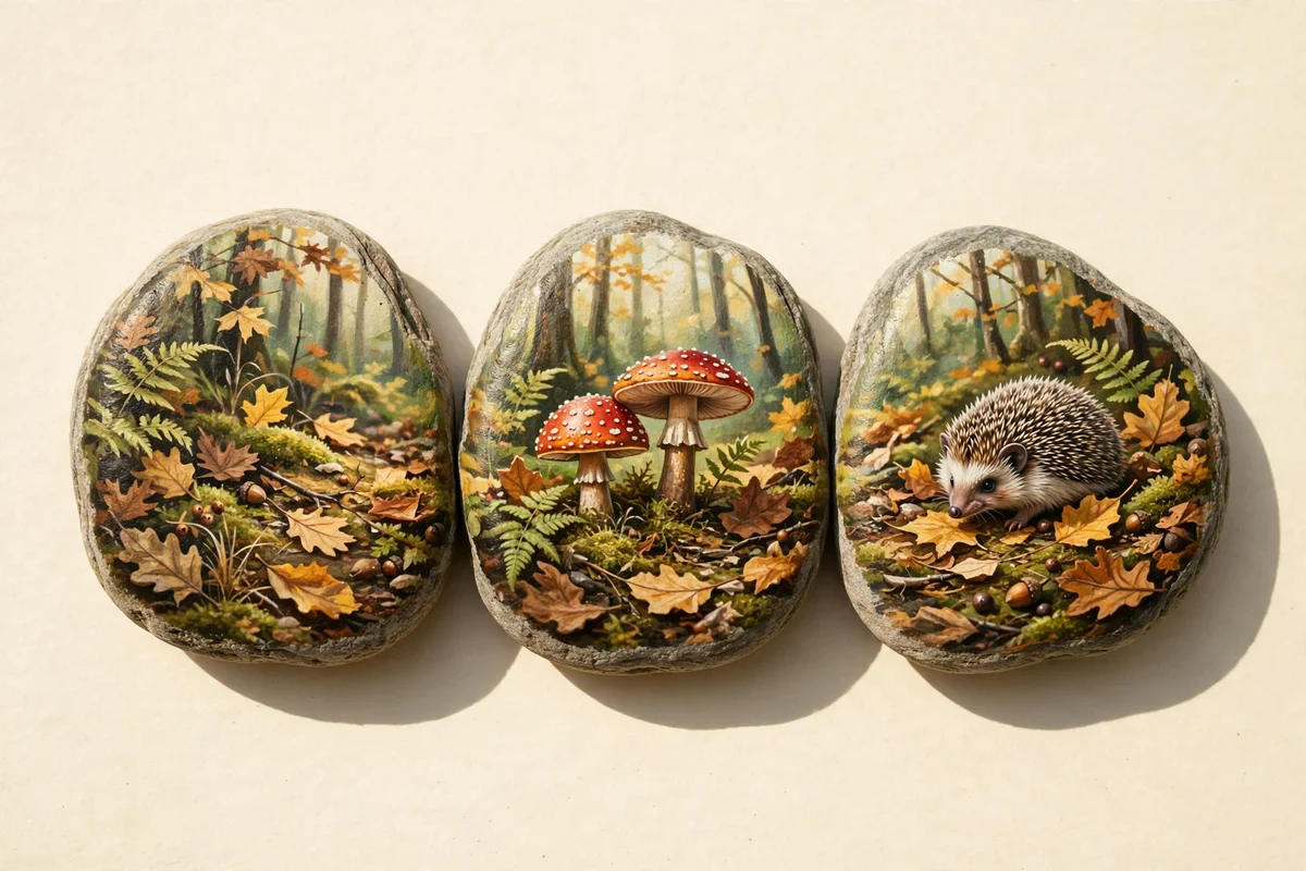 Three matching stones forming one continuous woodland scene