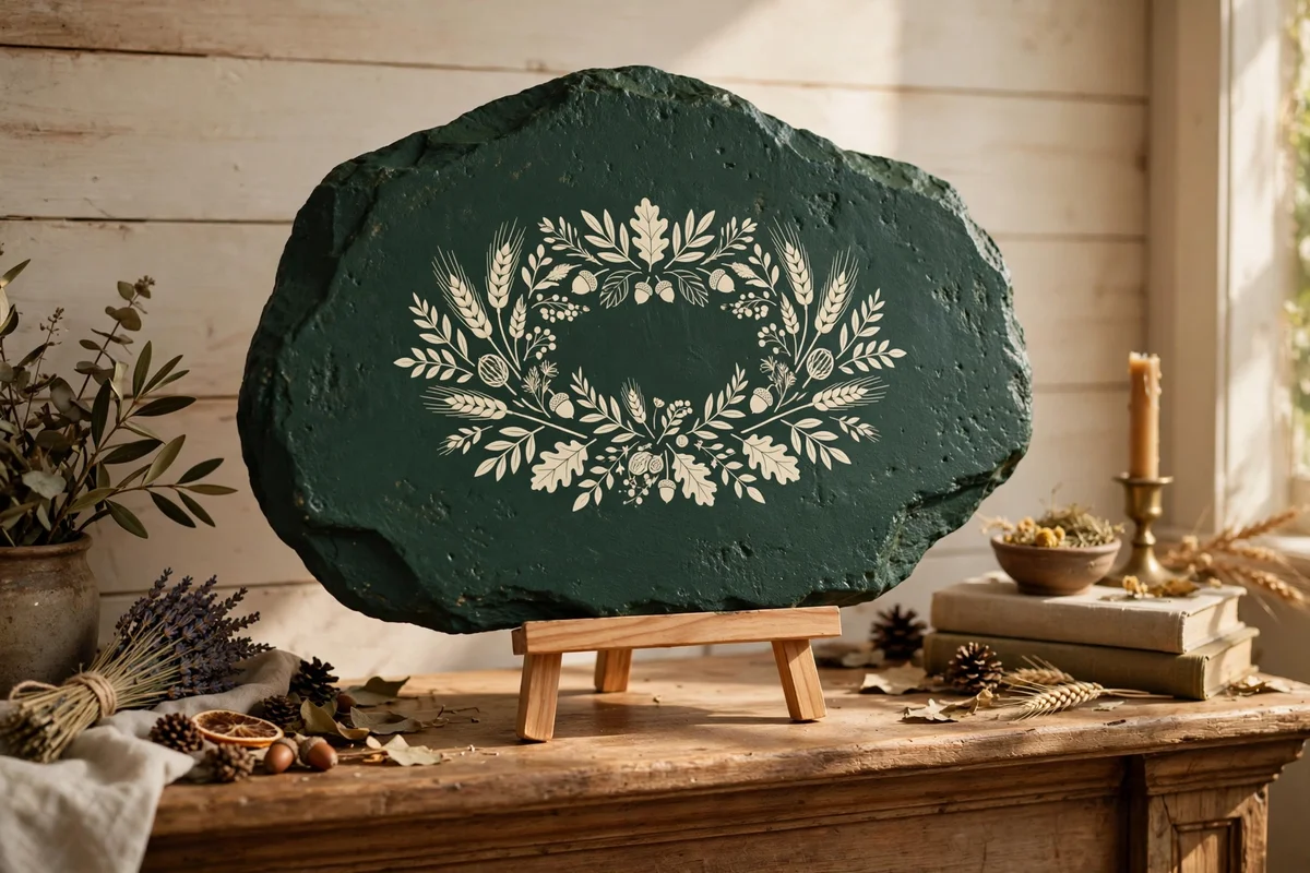 Forest green stone with cream harvest word motif on a small easel