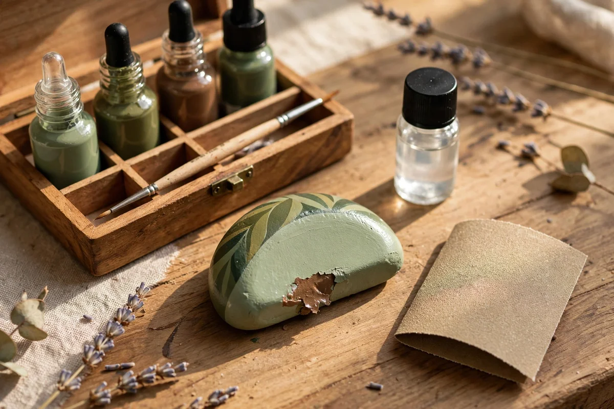 Touch-up kit with paints and brush beside a chipped painted stone
