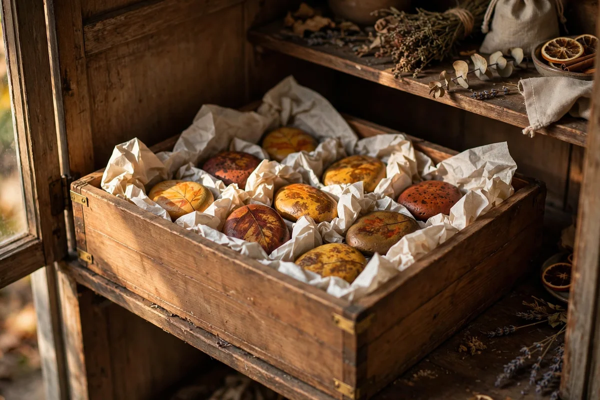 Painted autumn stones stored in a tissue-lined box for the season