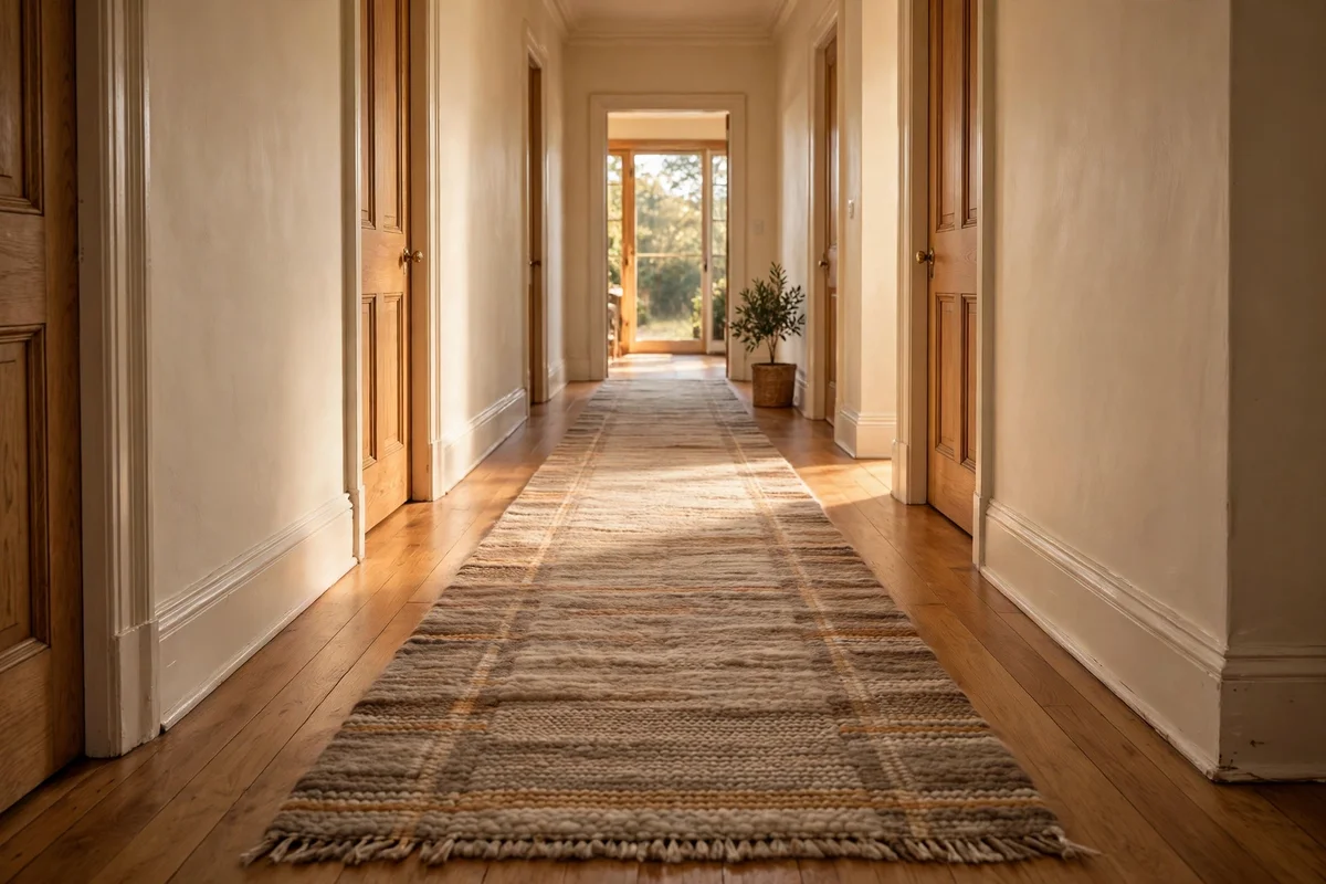 Long wool runner down a narrow hallway