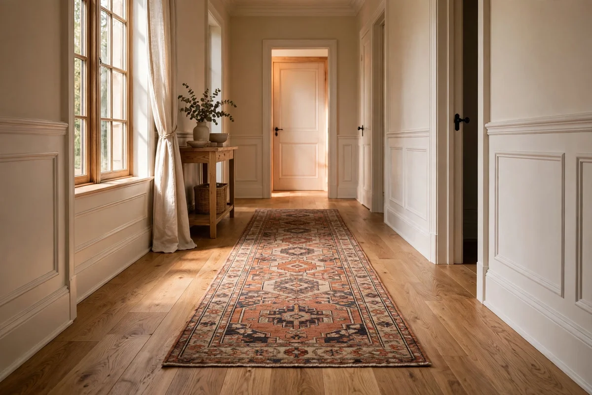 Hall runner correctly sized with visible floor borders