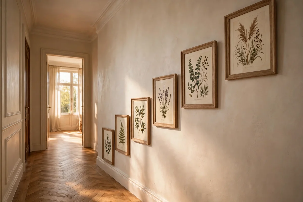 Framed prints arranged in a rising line along a hallway wall