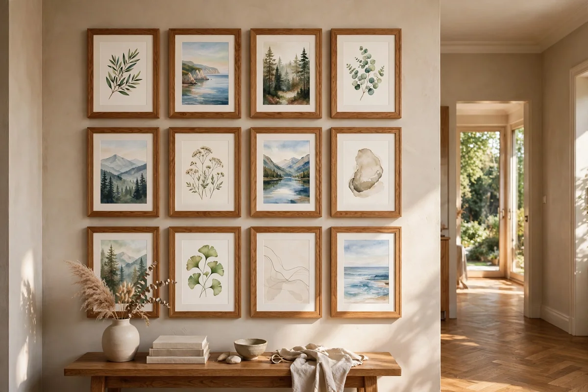 Hallway gallery wall with matching oak frames