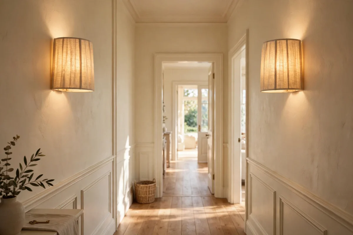 Pair of warm wall lights glowing in a hallway