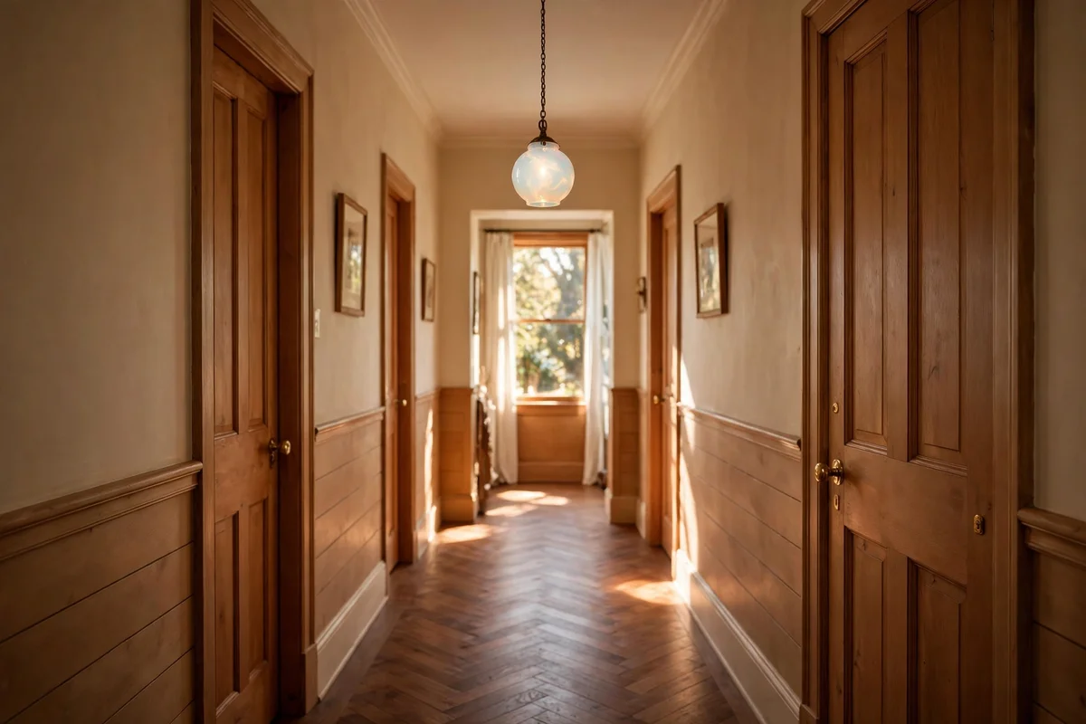 Small opal pendant light hanging in a hallway