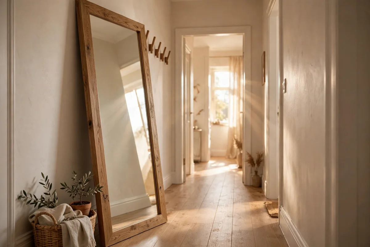 Tall lean-to mirror reflecting light in a narrow hallway