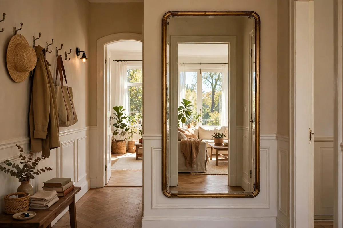 Hallway mirror angled to catch daylight from a doorway