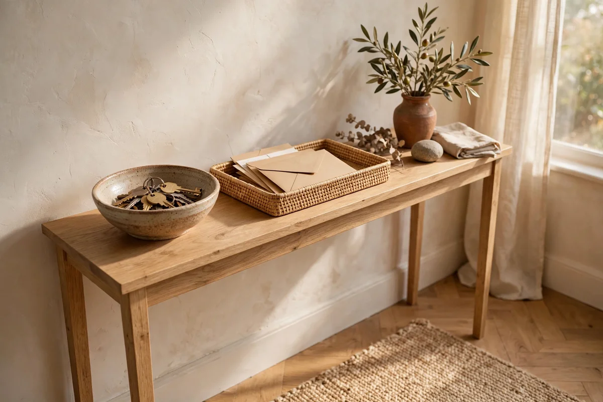 Slim console table styled with a key bowl and post tray