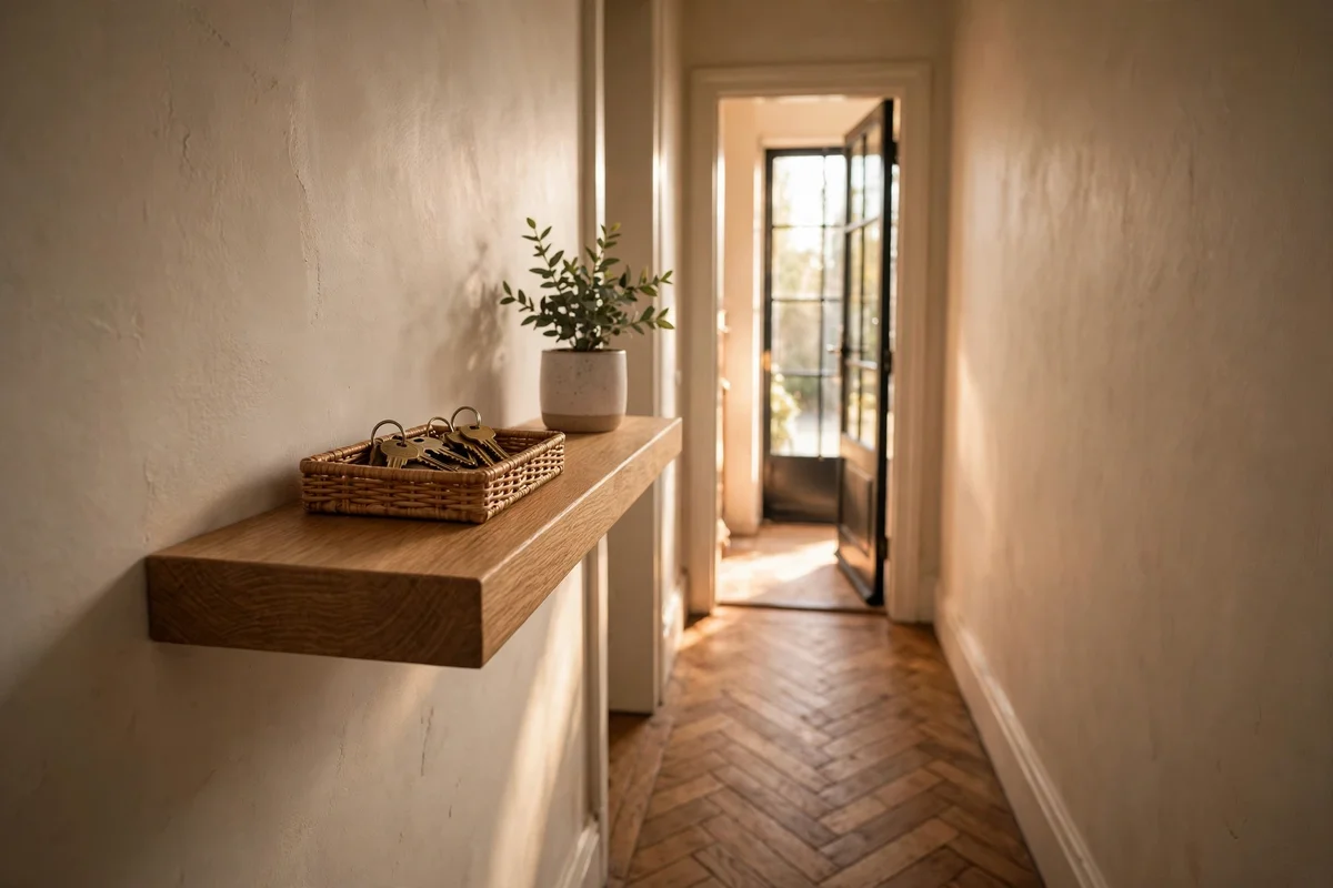 Floating oak shelf with key tray in a narrow hallway