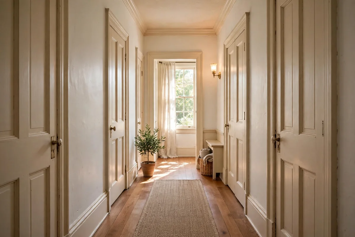 Narrow hallway painted in warm white tones