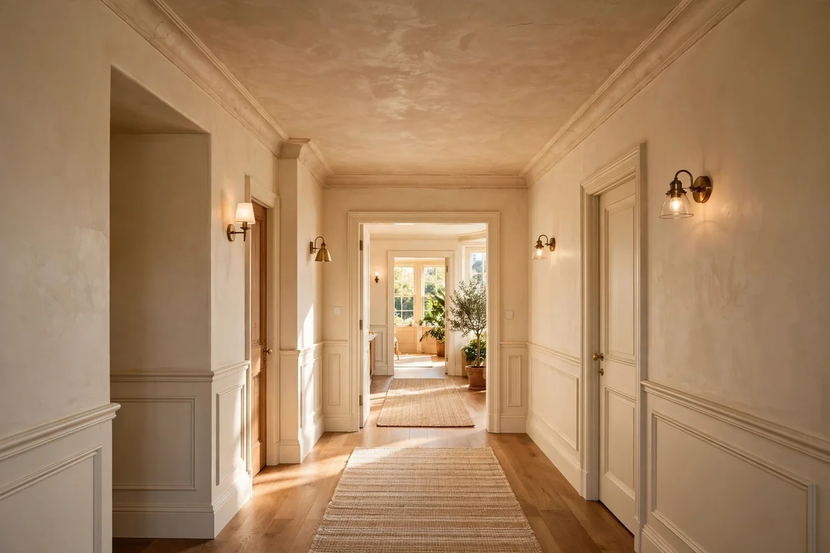 Hallway ceiling painted a soft warm plaster tone