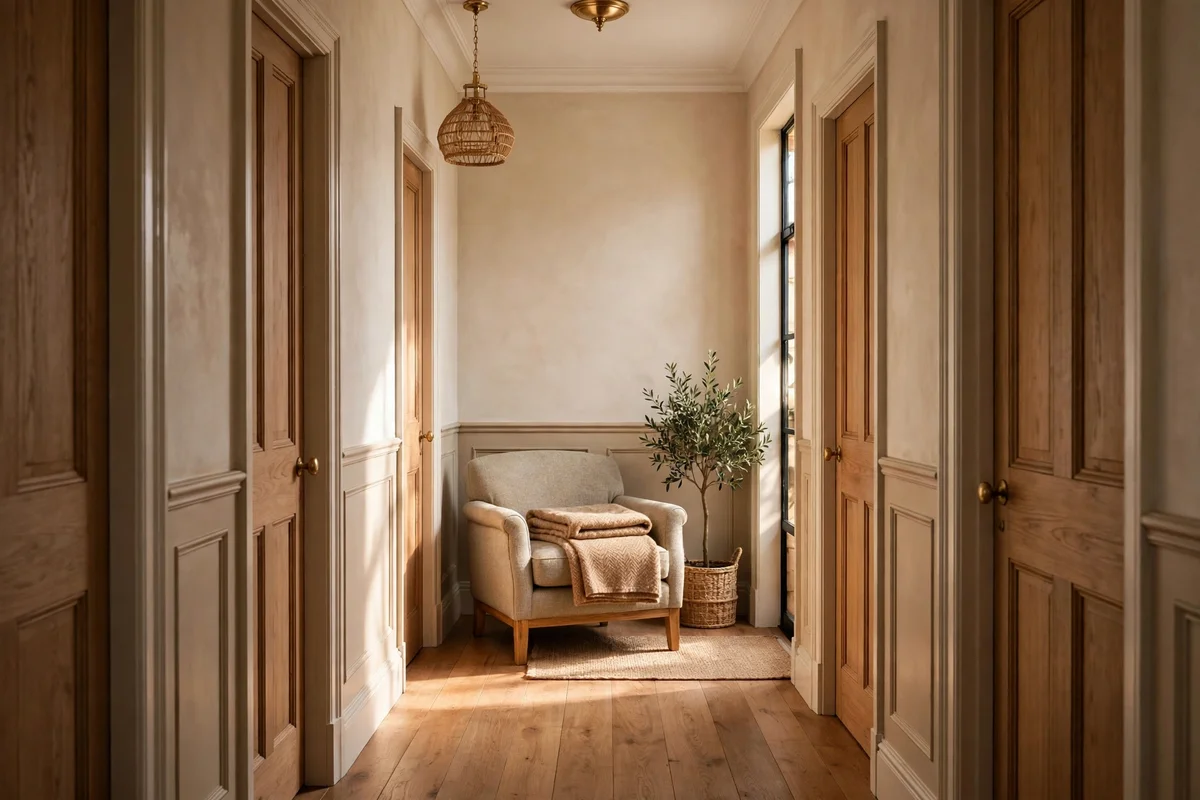 Small chair with folded throw at the end of a hallway