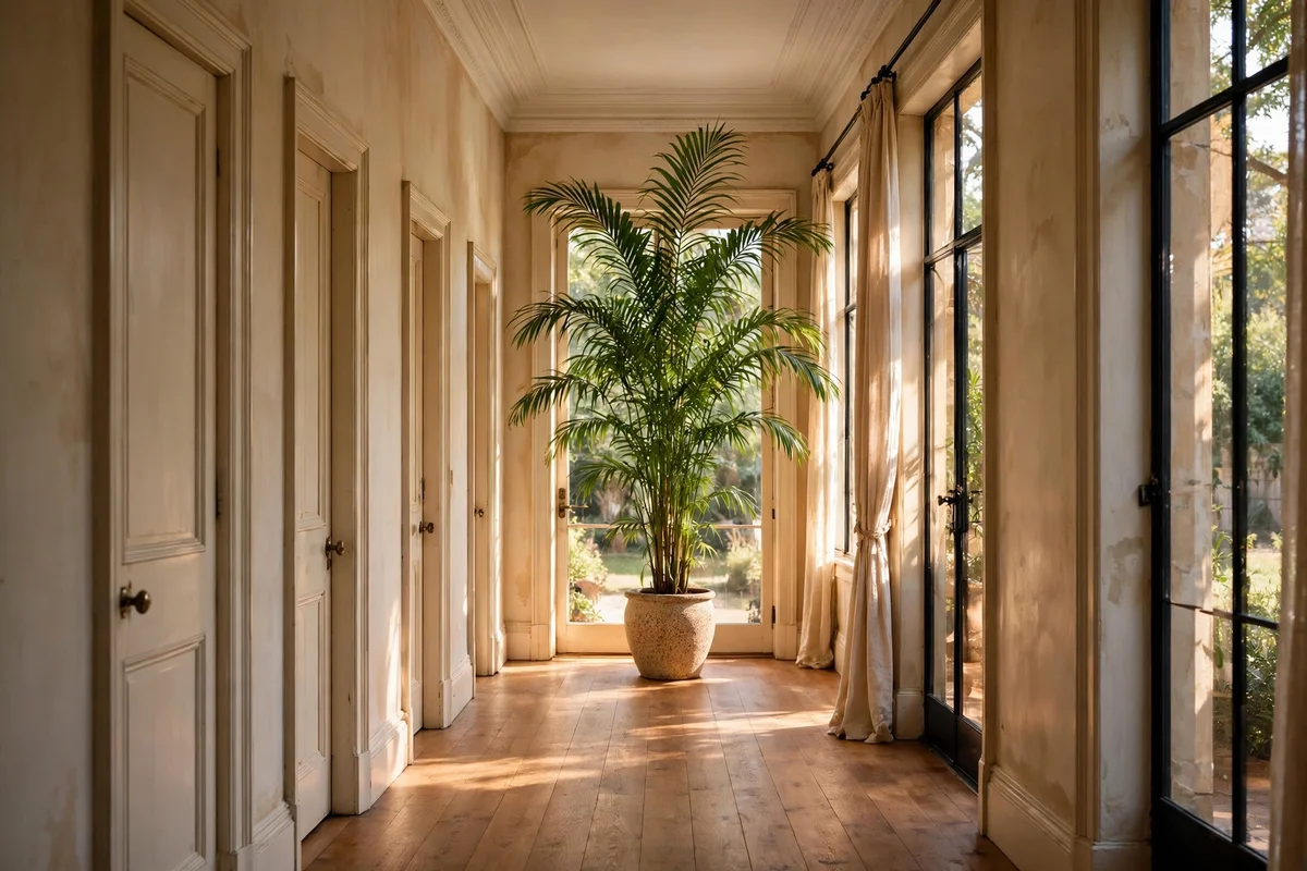 Tall potted palm at the end of a hallway