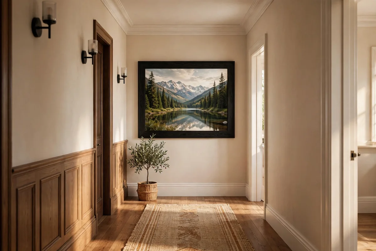 Large framed landscape print centred on a hallway end wall
